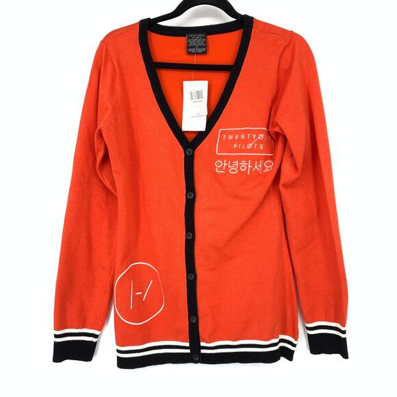 SOLD  Twenty One Pilots Red Orange Cardigan Sweater Juniors L - Picture 2 of 8